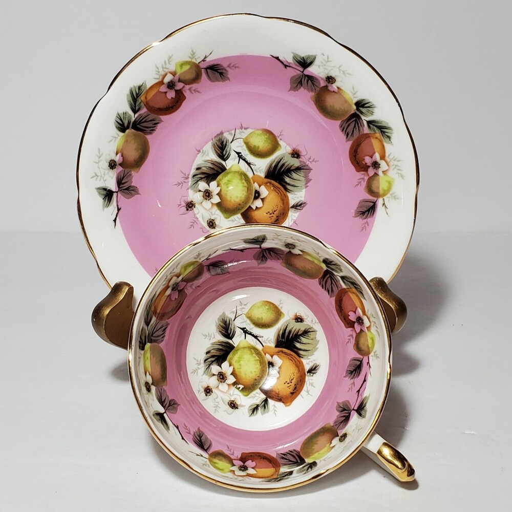 Royal Sutherland Teacup and Saucer Pink Fruit Vintage